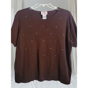 Quacker Factory Women 1X Top Brown 100% Cotton Sparkle Shiny Vintage 90s Y2K